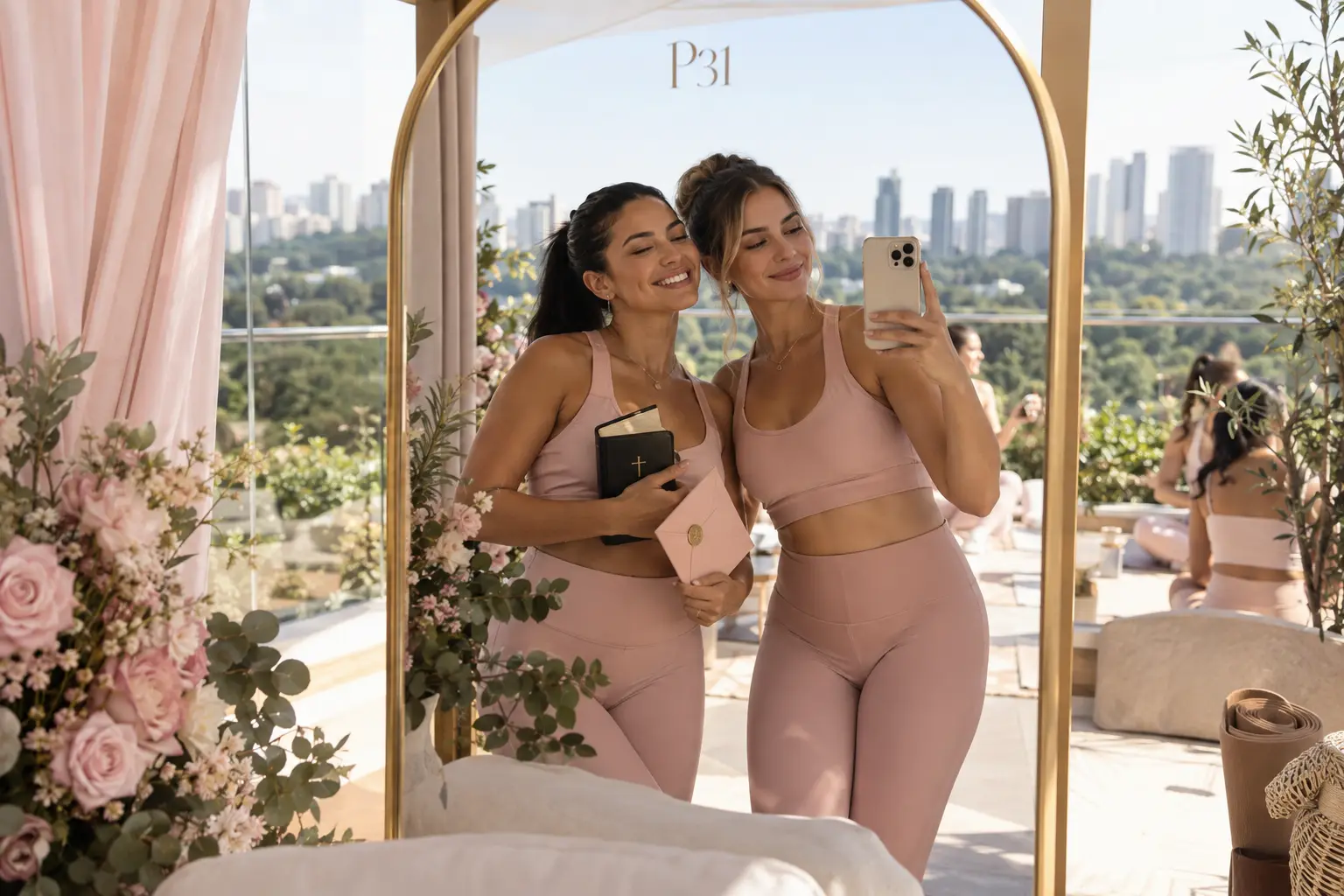 Duas mulheres fazendo selfie no espelho P31